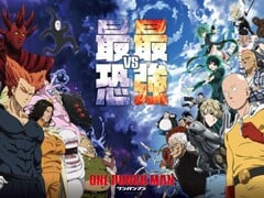 Pôster promocional do anime One Punch Man, apresentando Saitama, Genos e outros heróis do lado direito enfrentando poderosos vilões e monstros do lado esquerdo, com um fundo de céu dramático. (Fonte da imagem: One Punch Man)