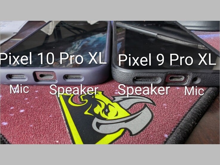 Comparação entre a localização do alto-falante e do microfone do Pixel 10 Pro XL e do Pixel 9 Pro XL. (Fonte da imagem: Artem Russakovskii on X)