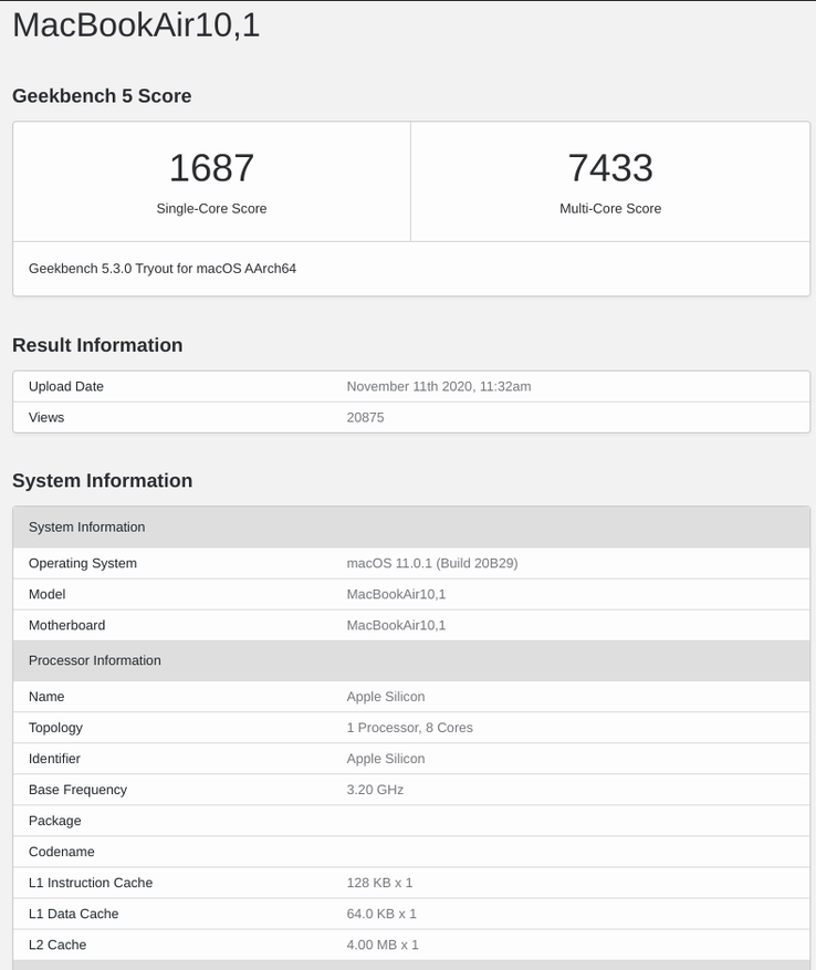 O Geekbench 5 pontuações do novo M1 MacBook Air. (Imagem via Geekbench)