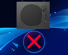 Toca-discos de vinil da Sony, mostrado acima do disco de jogo do PS5