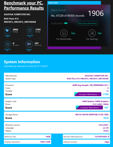 AMD Ryzen 5 7540U com Radeon 740M em Asus ROG Flow X13. (Fonte: Nero)