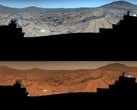 Imagem tirada pelo rover Perseverance. A imagem superior é aprimorada, enquanto a imagem inferior tem as cores originais (Fonte da imagem: NASA, JPL-Caltech, ASU e MSSS; editado)