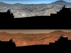 Imagem tirada pelo rover Perseverance. A imagem superior é aprimorada, enquanto a imagem inferior tem as cores originais (Fonte da imagem: NASA, JPL-Caltech, ASU e MSSS; editado)