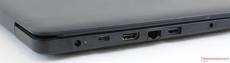 Left: AC adapter, USB 3.1 Type-C w/ DisplayPort, HDMI 1.4, RJ-45, USB 3.0, 3.5 mm combo audio