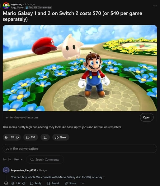 Debate sobre os preços de Super Mario Galaxy e Super Mario Galaxy 2 no Switch (Fonte da imagem: captura de tela, Iggy_Slayer@Gaming subreddit)
