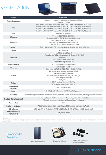 Asus ExpertBook B9 - Especificações. (Fonte: Asus)