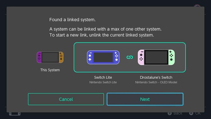 Tela do Nintendo Switch exibindo um aviso de que um sistema pode ser vinculado a no máximo um outro sistema para compartilhamento de Virtual Game Card, exigindo que o usuário desvincule o sistema vinculado atual para iniciar um novo vínculo.