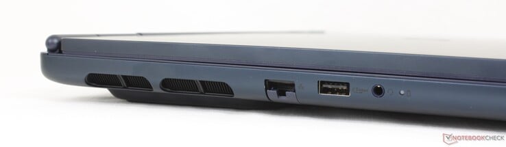 Esquerda: RJ-45 (1 Gbps), USB-A 3.2 Gen. 1 (5 Gbps), fone de ouvido de 3,5 mm