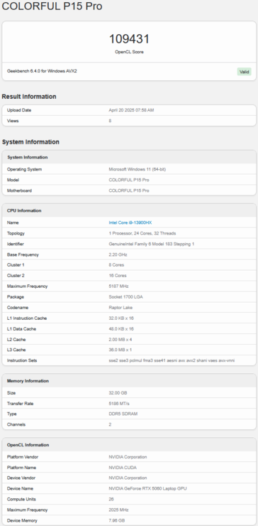 Pontuação Geekbench OpenCL do laptop RTX 5060 (fonte da imagem: Geekbench)