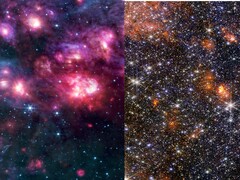 Uma colagem das imagens MIRI e NIRCam de Sagittarius B2 (Fonte da imagem: várias - ver fontes; editado)
