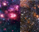 Uma colagem das imagens MIRI e NIRCam de Sagittarius B2 (Fonte da imagem: várias - ver fontes; editado)