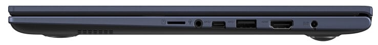 Lado direito: Leitor de cartão de memória (MicroSD), combinação de áudio, USB 3.2 Gen 1 (USB-C), USB 3.2 Gen 1 (USB-A), HDMI, conector de alimentação