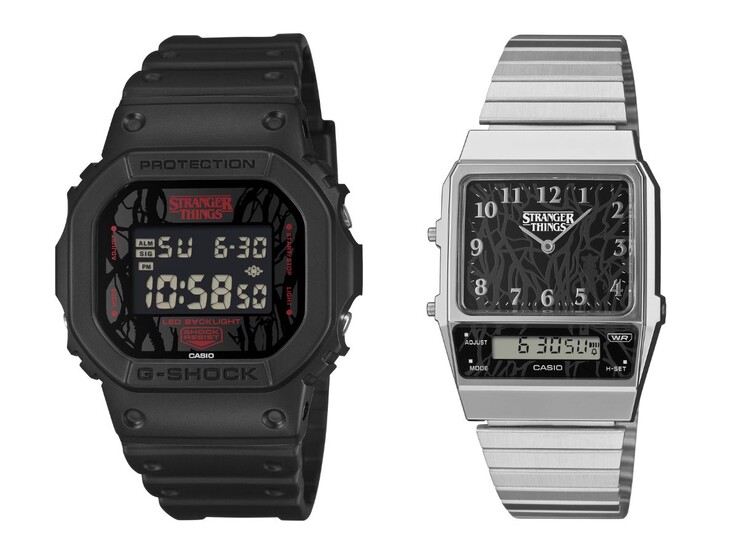 Os relógios da Casio em colaboração com Stranger Things, o DW-5600STT-1 (à esquerda) e o AQ-800EST-1A (à direita). (Fonte da imagem: Casio, editado)