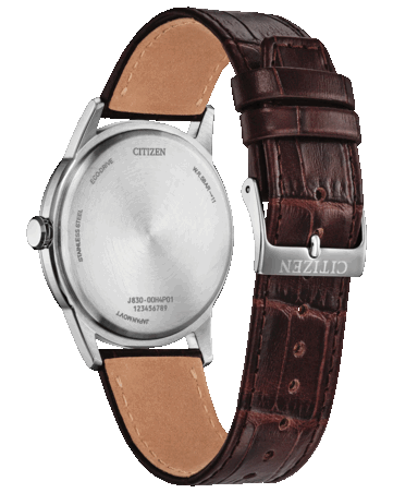 Vista traseira do Citizen Rolan AW2110-14Z, mostrando o fundo da caixa em aço inoxidável e a pulseira de couro marrom com fivela com a marca.