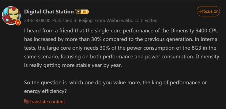 Último relatório da Digital Chat Station sobre a Dimensity 9400 (Fonte da imagem: Weibo)
