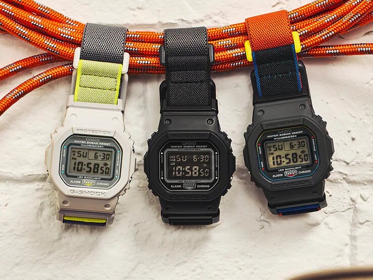 Da esquerda para a direita: os relógios Casio G-Shock DW-5600MNC-7A8, DW-5600MNC-1 e DW-5600MNC-8A2