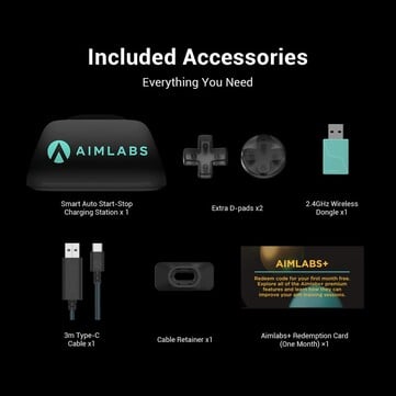 O controle vem com D-pads extras, um cabo USB e um dongle de 2,4 GHz.