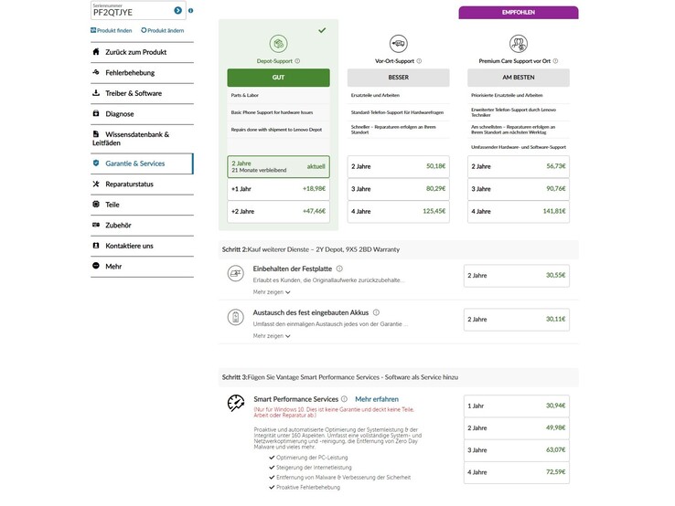 Opções de garantia (imagem de tela da página de serviço da Lenovo)