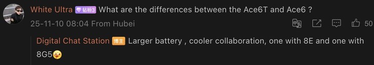O Tipster compara o OnePlus Ace 6 com o suposto Ace 6T. (Fonte da imagem: Weibo - tradução automática)