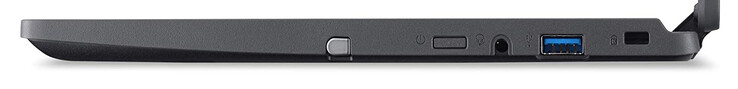 Lado direito: caneta de entrada, botão de alimentação, porta combinada de áudio, USB 3.2 Gen 1 (Tipo A), slot de travamento de cabo