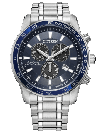 Cronógrafo Citizen Classic Eco-Drive com mostrador azul escuro, caixa e pulseira em aço inoxidável prateado de 44 mm, luneta taquimétrica, três submostradores e janela de data.