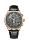 Relógio Citizen BY1033-01H Eco-Drive com fase lunar, com mostrador cinza-carvão, caixa em aço inoxidável com acabamento em tom de ouro rosa, pulseira de couro preta, indicador analógico da fase lunar, dois submostradores e janela de data.