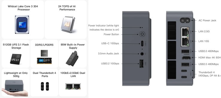 Principais destaques e portas do mini PC EQi Intel Wildcat Lake