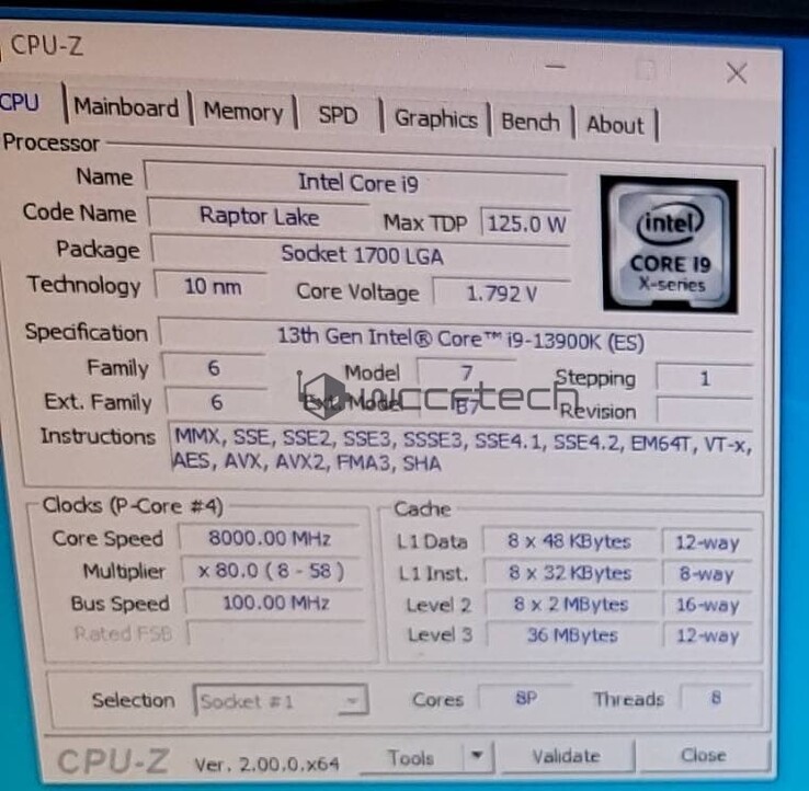 Intel Core i9-13900K CPU-Z (imagem via Wccftech)