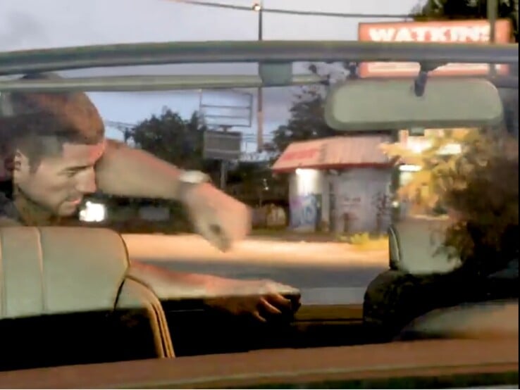 Nesta captura de tela do segundo trailer do GTA 6, o poste de luz ao fundo parece estar flutuando no ar.