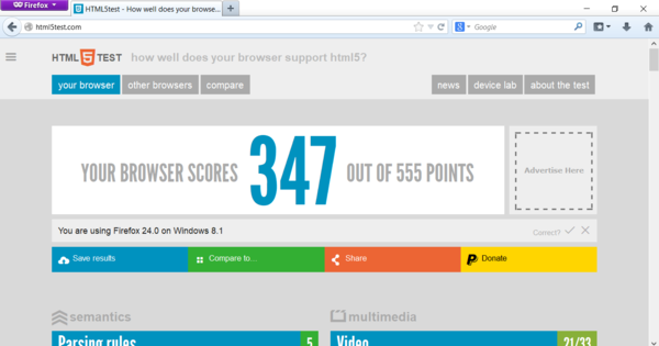 Visitando html5test.com via Firefox 24 no Windows 10 (Fonte da imagem: captura de tela)