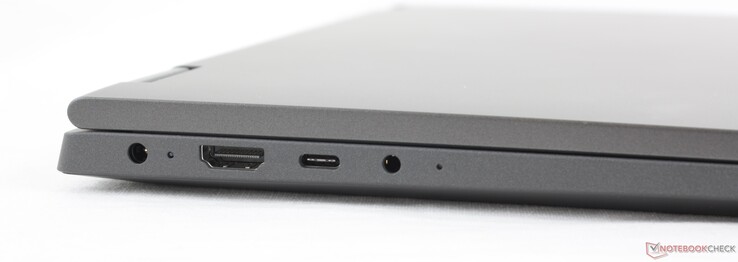 Esquerda: adaptador AC, HDMI 1.4b, USB-C 3.1 Gen. 1 c/ Entrega de energia (Sem DisplayPort), áudio combinado de 3.5 mm