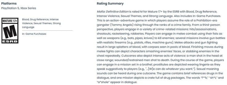 Classificação da ESRB para a versão “|” do “Mafia Definitive Edition” para PS5 e Xbox Series X.