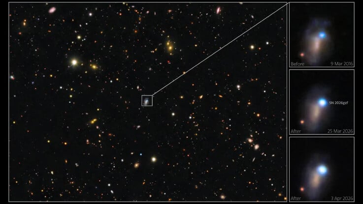 Uma imagem que mostra a galáxia que contém a supernova SN 2026gzf.