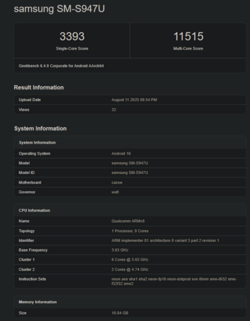 Pontuação do Geekbench do Snapdragon 8 Elite 2 (fonte da imagem: Geekbench)