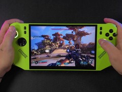 Gameplay de Borderlands 4 rodando no computador de mão MSI Claw 8 AI equipado com AMD Ryzen Z2 Extreme, mostrando a visão em primeira pessoa com um rifle apontado para um ambiente externo (Fonte da imagem: ETA PRIME via YouTube)