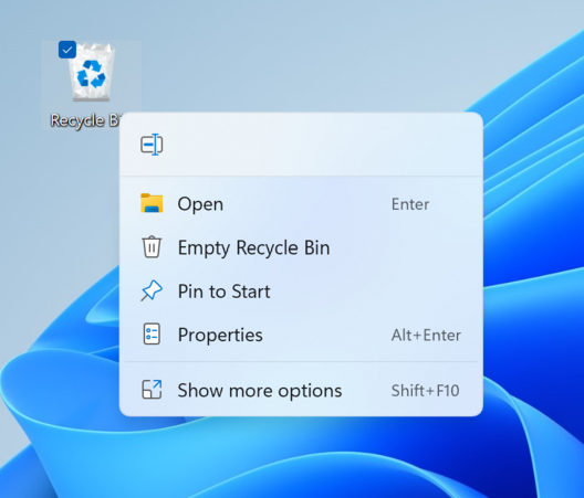 Novo menu de contexto moderno quando você clica com o botão direito do mouse em Recycle Bin em sua área de trabalho. (Fonte da imagem: Microsoft)