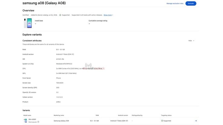 A ficha do Samsung Galaxy A08 no Google Play Console.