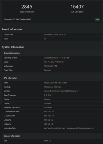 Intel Core Ultra 9 368H Geekbench listing (fonte da imagem: Geekbench)