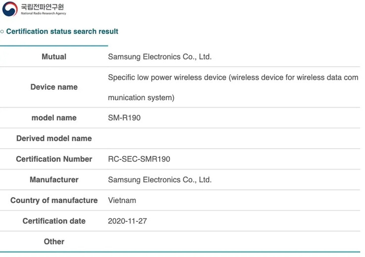 A Samsung também certificou o SM-R190 com um regulador coreano. (Fonte: Autoridade Reguladora de Telecomunicações da Indonésia via MySmartPrice)