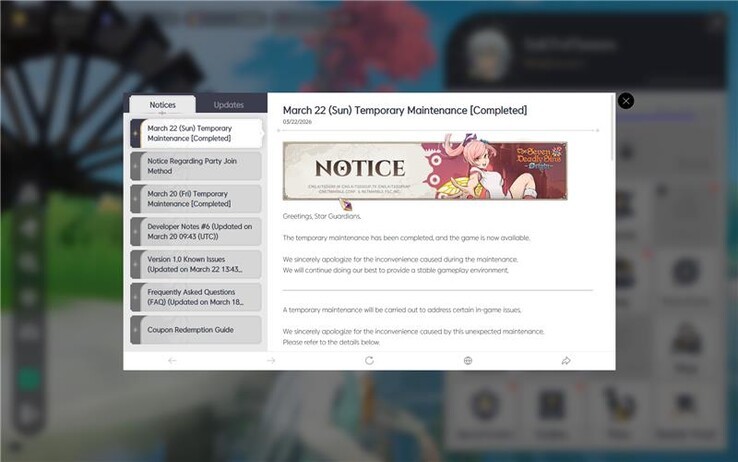 Aviso no jogo de 22 de março confirmando uma correção de som e outras correções de bugs em The Seven Deadly Sins: Origin.