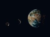 Ilustração de um artista mostrando dois asteroides próximos à Terra.