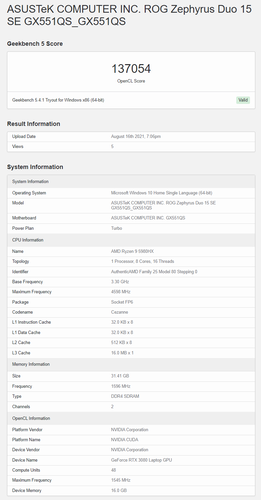 Asus ROG Zephyrus Duo 15 SE com Ryzen 9 5980HX e RTX 3080 - Geekbench OpenCL GPU score. (Fonte: Geekbench)