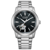 Relógio automático Citizen NH9150-52E com mostrador preto, design “open-heart”, caixa em aço inoxidável e pulseira de três elos com acabamento escovado.