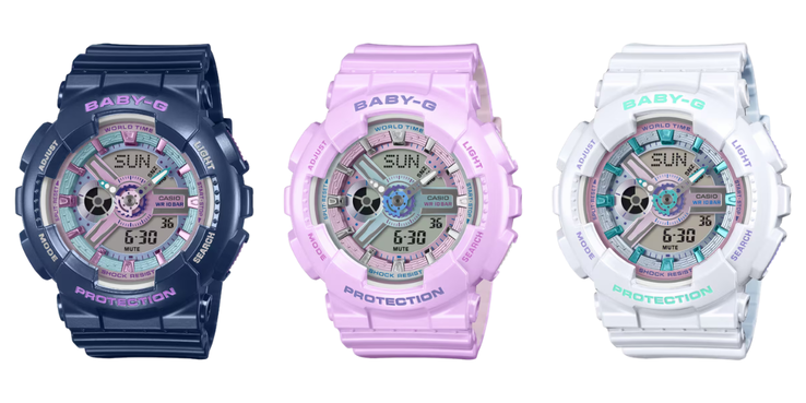 Da esquerda para a direita: os relógios Casio G-Shock Baby-G BA-110MC-2A, BA-110MC-6A e BA-110MC-7A