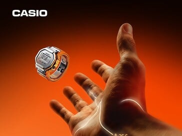 O relógio inteligente Casio CRW-H001M-8 pairando acima de uma mão estendida contra um fundo laranja.