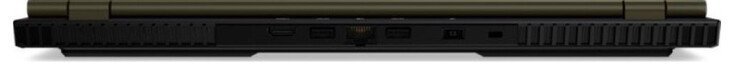 Lado posterior: porta HDMI, porta USB 3.2 Gen 2 (Tipo A), porta Gigabit Ethernet, porta USB 3.2 Gen 2 (Tipo A), tomada de energia, fechadura Kensington