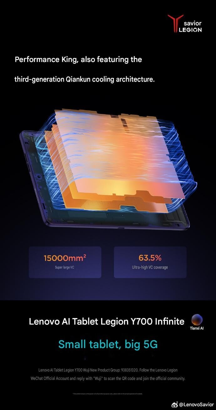 Imagem oficial da Lenovo destacando o sistema de resfriamento Qiankun de terceira geração do Legion Y700 Infinite, que conta com uma câmara de vapor de 15.000 mm² com 63,5% de cobertura no interior do compacto tablet para jogos.