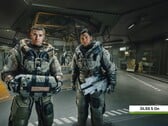 Dois personagens do Starfield em uma instalação futurística com o Nvidia DLSS 5 ativado