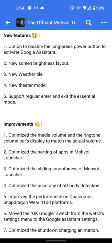 TicWatch Pro 3 update changelog (imagem via Reddit)