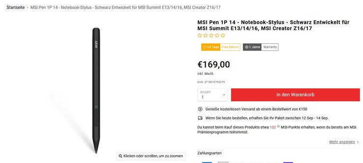 A caneta MSI 1P 14 custa 169 euros a mais (captura de tela do site da MSI)